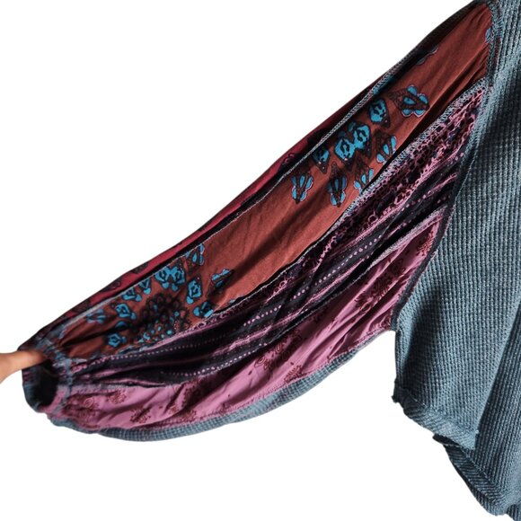 Free People Sweater Large Teal Green Blue Women's Mixed Media Top Boho Shirt - Picture 5 of 9